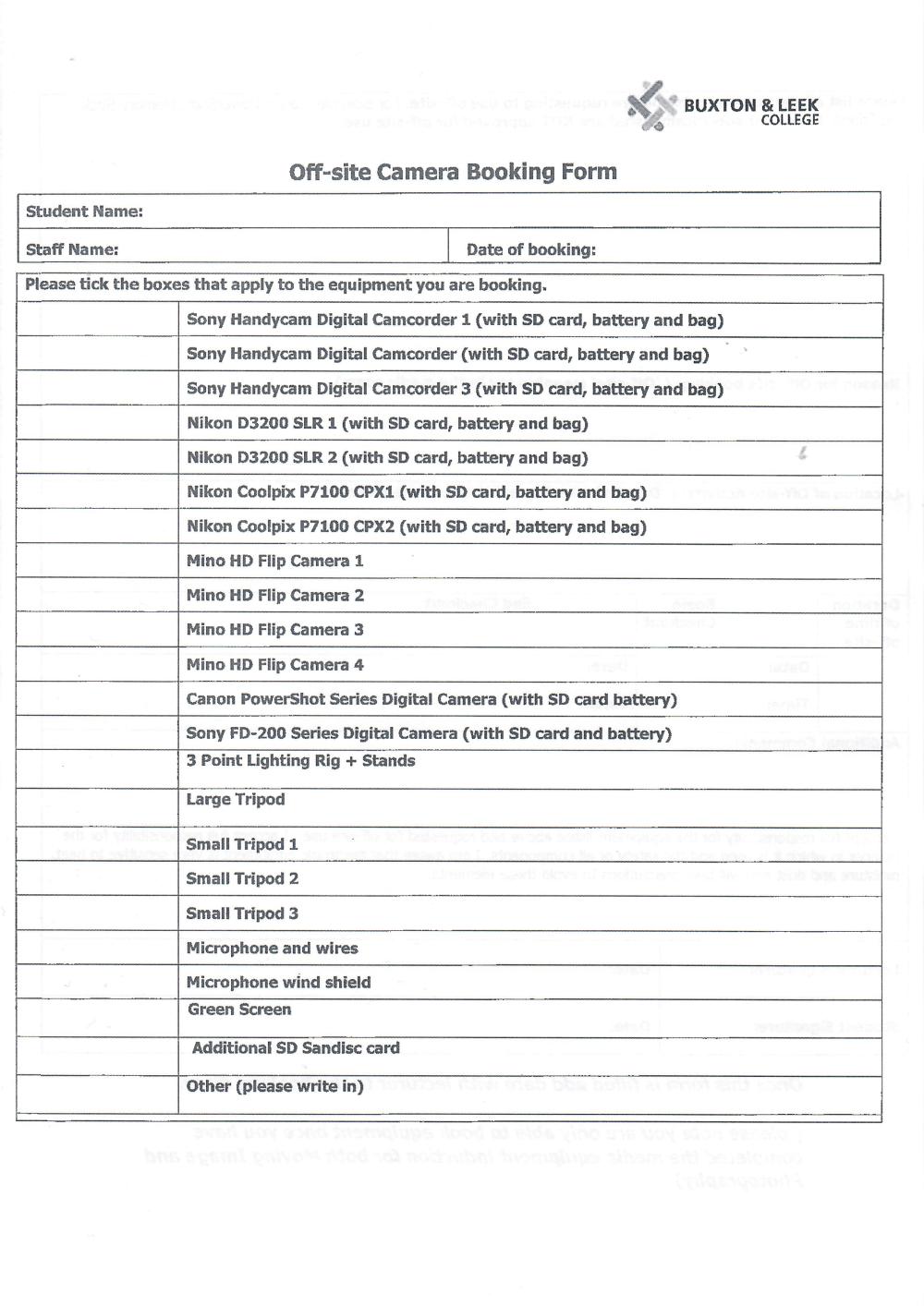 equipment booking form (front.)